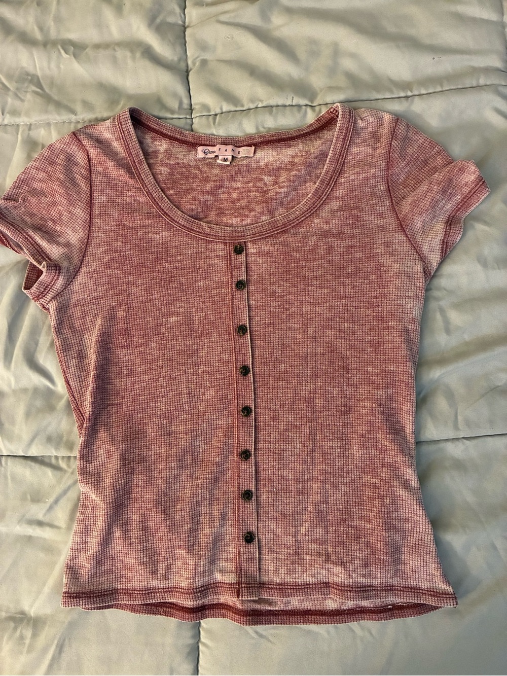 Crave Fame Dusty Red Ribbed Button-Front Short Sleeve Top